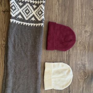 Gray and White Knit Scarf with Two Beanies